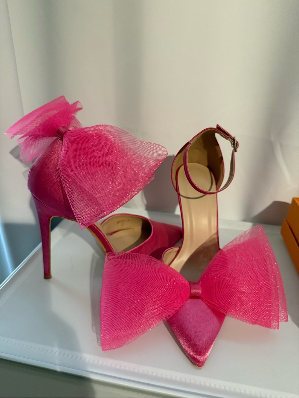 Women's Pink Satin Pointed-Toe Ankle-Strap Heels with Bow